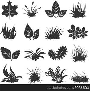 Leaves and grass vector icons. Leaves and grass vector icons, Set of plants in black color. Collection of organic herb in monochrome style illustration