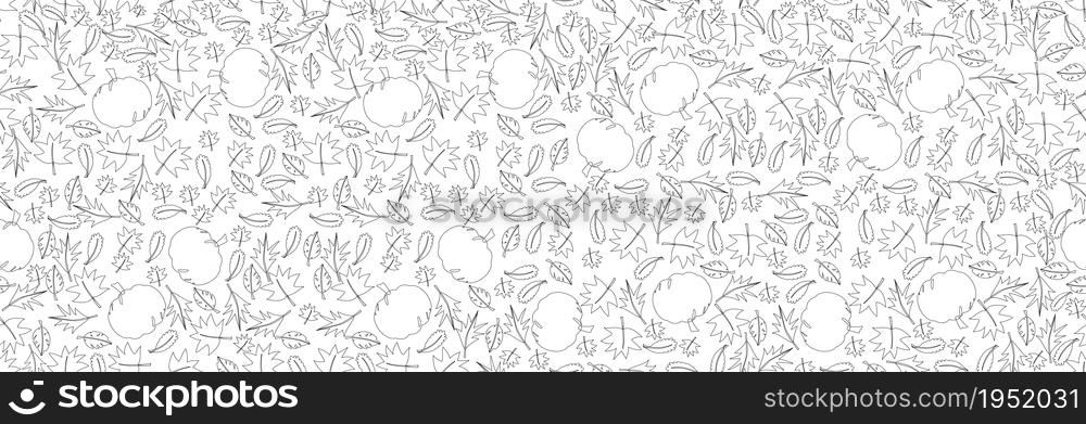 Leaves and pumpkin in a black stroke, seamless pattern on a white background.