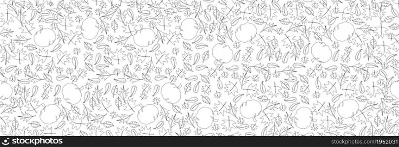 Leaves and pumpkin in a black stroke, seamless pattern on a white background.