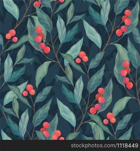 Leaves and red berryes seamless pattern on a dark background. Botanical foliage vector wrapping paper. Nature textile ornament for fashion, wrapping paper, card, banner