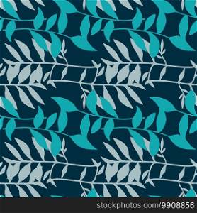 Leaves branches vintage seamless pattern. Botanic silhouettes ornament in blue tones on navy background. Great for wallpaper, textile, wrapping paper, fabric print. Vector illustration.. Leaves branches vintage seamless pattern. Botanic silhouettes ornament in blue tones on navy background.