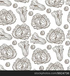 Leaves of cabbage seamless pattern of organic meal. Healthy food, kale for vegetarians or vegans. Veggie lettuce, natural product, tasty eating. Monochrome sketch outline, vector in flat style. Cabbage leaves, fresh organic food monochrome seamless pattern
