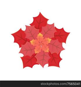 Leaves of different sizes and shades in flat style isolated on white. Illustration of red beautifully folded sheets vector, decoration for holiday. Leaves of Different Size and Red Shades Vector