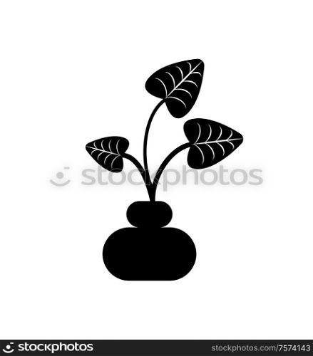 Leaves of plant in pot vector, isolated icon of houseplant with foliage. Growing botanical frondage with stable, potted decorative element, herbal nature. Black color on white background. Flower Growing in Pot from Soil, Isolated Icon