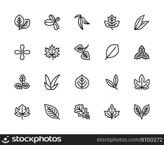 Leaves of useful plants vector linear icons set. Vegan analysis healthy food. Design leaves of tree, bush, berry and more. Isolated collection of leaves for web sites icon on white background.. Leaves of useful plants vector line icons. Isolated icon collection on white background. Leaves symbol vector set.