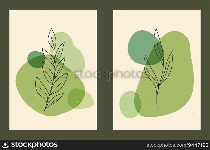 Leaves outline in green abstract shapes. Minimal and elegant botanical set in frame. Vector art