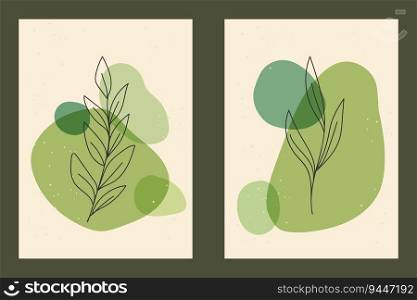 Leaves outline in green abstract shapes. Minimal and elegant botanical set in frame. Vector art