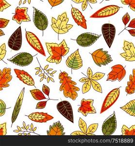 Leaves pattern background. Seamless wallpaper with foliage. Vector leaf icons of maple, birch, aspen, elm, poplar. Leaves seamless pattern background