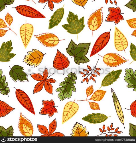 Leaves seamless background. Wallpaper of green, orange, red colorful foliage vector icons of oak, maple, birch, aspen, elm, poplar. Falling leaves seamless pattern background