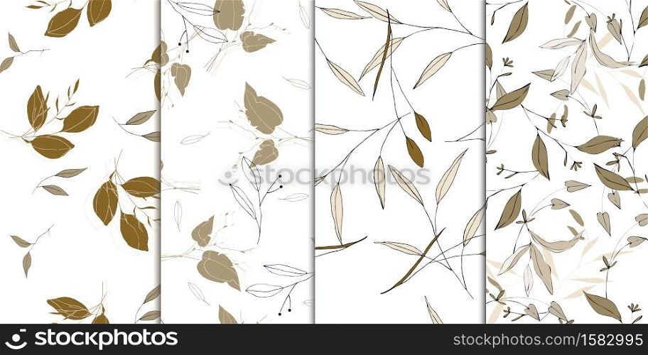 Leaves seamless pattern set. Retro abstract cards with green floral prints. Vector.