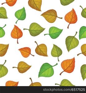Leaves vector seamless pattern. Flat style illustration. Falling color tree leaves on white background. Autumn defoliation. For wrapping paper, greeting card, invitation, printing materials design. Leaves Seamless Pattern Vector Illustration. Leaves Seamless Pattern Vector Illustration