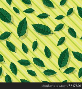 Leaves vector seamless pattern. Flat style illustration. Falling green tree leaves on striped background. Autumn defoliation. For wrapping paper, greeting card, invitation, printing materials design. Green Leaves Seamless Pattern Vector Illustration. Green Leaves Seamless Pattern Vector Illustration