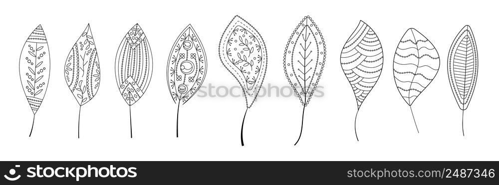 Leaves vector set in line art style. Ethnic tribal leaf in hand drawn style with boho ornament for wrapping paper, wallpaper, textile, logo, fabric, coloring page.. Leaves vector set in line art style. Ethnic tribal leaf in hand drawn style with boho ornament for wrapping paper, wallpaper