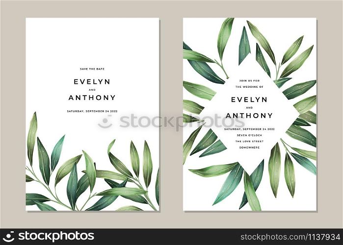 Leaves wedding invitation in bright spring colors. Vector greenery background. Graphic art in nature style for the invitation, save the date, card template. Modern hand-drawn design.