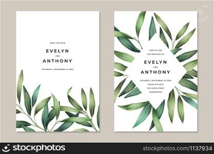 Leaves wedding invitation in bright spring colors. Vector greenery background. Graphic art in nature style for the invitation, save the date, card template. Modern hand-drawn design.