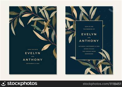 Leaves wedding invitation in vintage style. Rustic vector greenery background. Graphic art in boho style for the invitation, save the date, card template. Modern hand-drawn design.