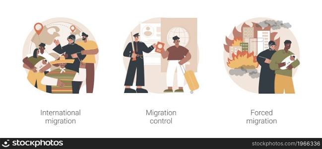 Leaving a country abstract concept vector illustration set. International migrants, border migration control, forced displacement, refugee group, check documents, application form abstract metaphor.. Leaving a country abstract concept vector illustrations.