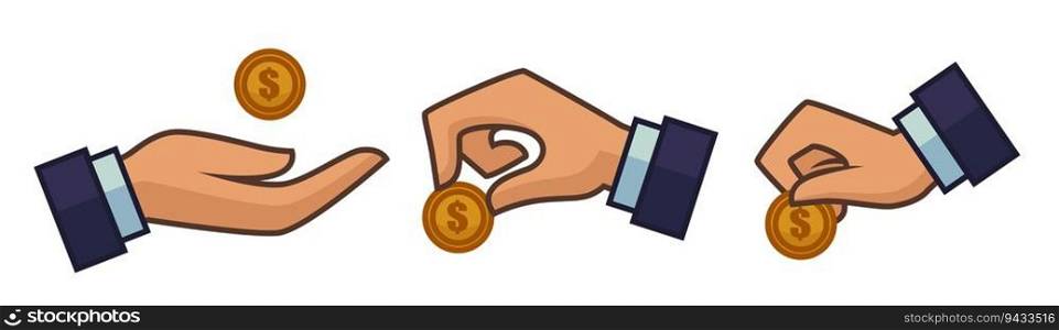 Leaving tips, saving or taking money. Isolated hand of businessman with dollar coin. Financial assets and profit, benefit and earning. Capital of business deposit. Vector in flat style illustration. Hand giving or taking coin, dollar cash or tips