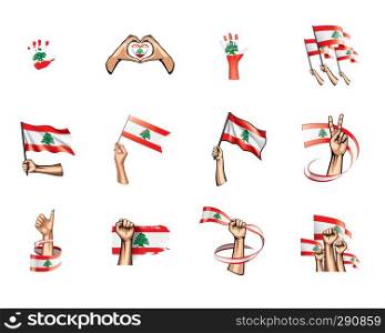 Lebanese flag and hand on white background. Vector illustration.. Lebanese flag and hand on white background. Vector illustration