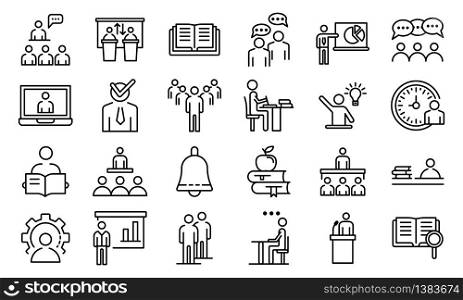 Lecture class icons set. Outline set of lecture class vector icons for web design isolated on white background. Lecture class icons set, outline style
