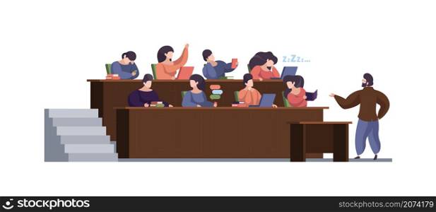 Lecture room. Front view lecture hall audience people professor talking with students lazy peoples garish vector flat background. Illustration hall lecture conference, public presentation. Lecture room. Front view lecture hall audience people professor talking with students lazy peoples garish vector flat background