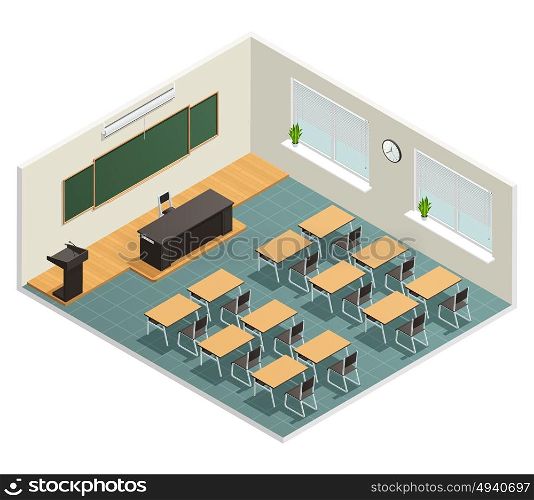 Lecture Room Interior Poster. Lecture room with big chalk board desks massive black table for lecturer and tribune isometric poster vector illustration