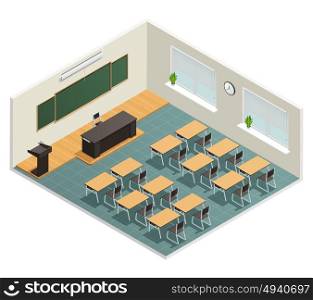 Lecture Room Interior Poster. Lecture room with big chalk board desks massive black table for lecturer and tribune isometric poster vector illustration
