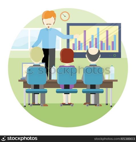 Lecturer Making a Presentation Near Whiteboard. Lecturerin in blue shirt and black pants making a presentation near interactive whiteboard with infographics. Business seminar. Board at a presentation with information, scheme, diagram.