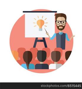 Lecturer Making a Presentation Near Whiteboard. Successful young man with glasses making a presentation near whiteboard with infographics before an audience. Coaching and shows business charts and graphs. Business seminar.