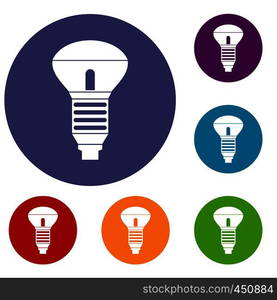 Led bulb icons set in flat circle reb, blue and green color for web. Led bulb icons set