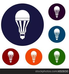 Led bulb icons set in flat circle reb, blue and green color for web. Led bulb icons set
