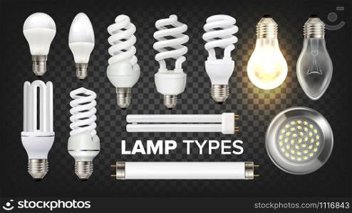 Led, Fluorescent And Incandescent Lamps Set Vector. Collection Of Different Energy-saving Eco-friendly Lamps Modern Technology. Office And Home Illuminate Devices Template Realistic 3d Illustrations. Led, Fluorescent And Incandescent Lamps Set Vector