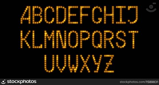 LED font with neon gold glowing light effect. Luminous dotted letters, digital alphabet with shine flare. Vector illustration