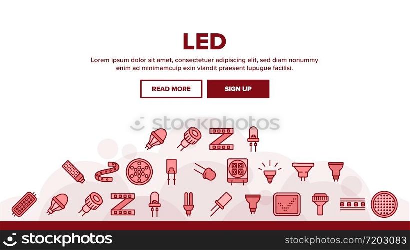 Led Lamp Landing Web Page Header Banner Template Vector. Led Technology Light Device, Lighting Tape And Lightbulb, Screen And Diode Illustrations. Led Lamp Equipment Landing Header Vector