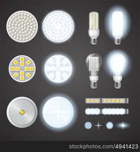 Led Lamps And Lights Effects Set. Turned on and off led lamps and lights effects of different size and shape set on black background isolated realistic vector illustration