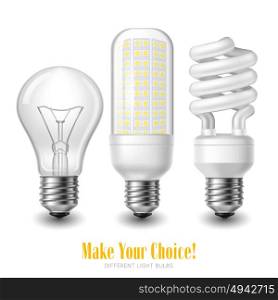 Led Lightbulb Set. Three led lightbulbs of different shape on white background realistic isolated vector illustration