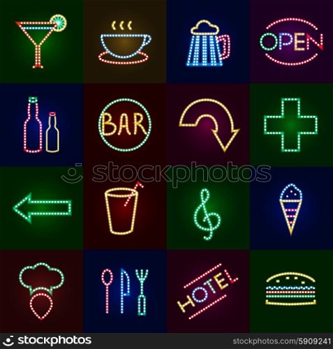 Led lights icons set with dot neon signs isolated vector illustration. Led Lights Icons Set