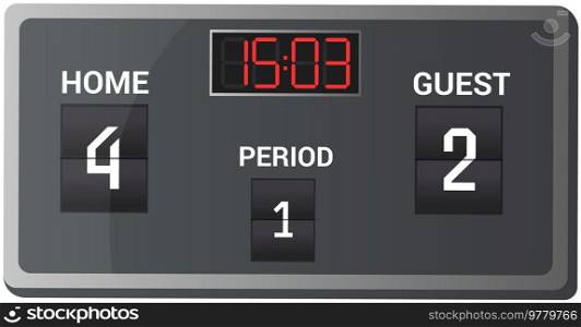 LED scoreboard with indicators for sport games. Illustrated on gray background with time and result display. Digital timer shows score in sports match in ch&ionship and tournament, graphic board. LED scoreboard for sport games. Illustrated on gray background with time and result display