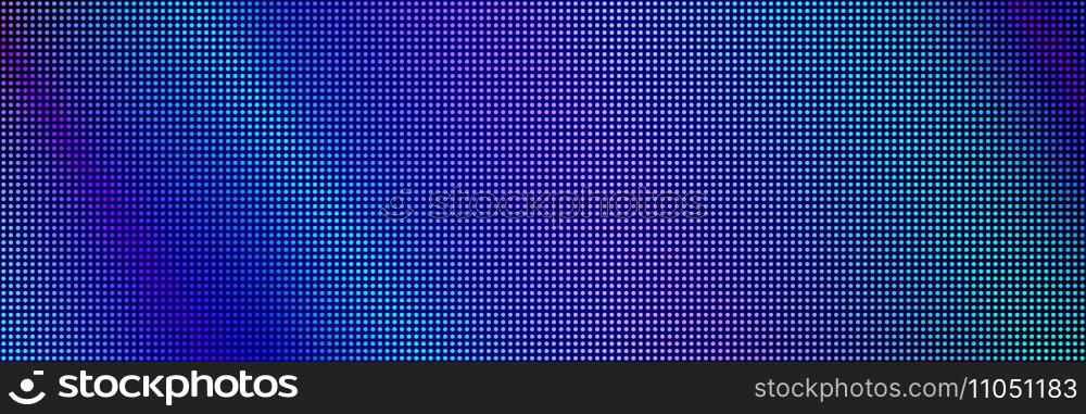 Led screen light background texture with pixel pattern. Digital tv display wall panel in blue, pink and purple gradient. Abstract bright television videowall grid vector design template with circle. Led screen light background texture with pixel