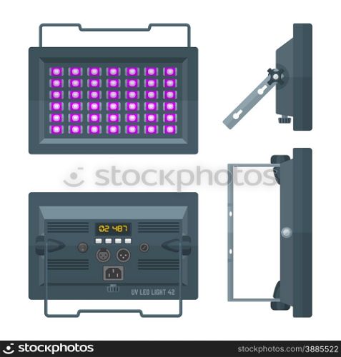 LED ultraviolet blacklight professional stage projector lightning colored flat illustration white background&#xA;