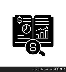 Ledger black glyph icon. Principal book or computer file for recording and totaling economic transactions measured in monetary unit. Silhouette symbol on white space. Vector isolated illustration. Ledger black glyph icon