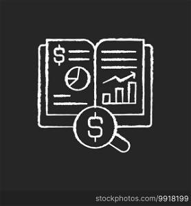 Ledger chalk white icon on black background. Principal book or computer file for recording and totaling economic transactions measured in monetary unit. Isolated vector chalkboard illustration. Ledger chalk white icon on black background