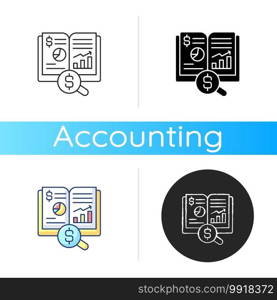 Ledger icon. Principal book or computer file for recording and totaling economic transactions measured in monetary unit. Linear black and RGB color styles. Isolated vector illustrations. Ledger icon