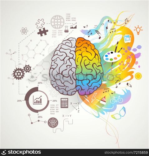 Left and right brain concept with colors music and science flat vector illustration . Left Right Brain Concept