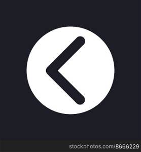 Left direction arrow dark mode glyph ui icon. Mobile app element. User interface design. White silhouette symbol on black space. Solid pictogram for web, mobile. Vector isolated illustration. Left direction arrow dark mode glyph ui icon
