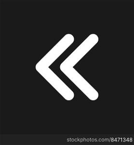 Left double arrow dark mode glyph ui icon. Double chevrons. Fast reverse. User interface design. White silhouette symbol on black space. Solid pictogram for web, mobile. Vector isolated illustration. Left double arrow dark mode glyph ui icon