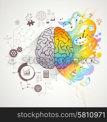 Left Right Brain Concept . Left and right brain concept with colors music and science flat vector illustration