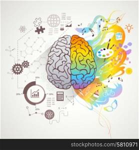 Left Right Brain Concept . Left and right brain concept with colors music and science flat vector illustration