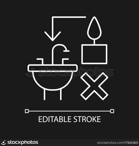 Leftover wax disposal white linear manual label icon for dark theme. Thin line customizable illustration for product use instructions. Isolated vector contour symbol for night mode. Editable stroke. Leftover wax disposal white linear manual label icon for dark theme