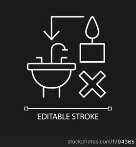 Leftover wax disposal white linear manual label icon for dark theme. Thin line customizable illustration for product use instructions. Isolated vector contour symbol for night mode. Editable stroke. Leftover wax disposal white linear manual label icon for dark theme